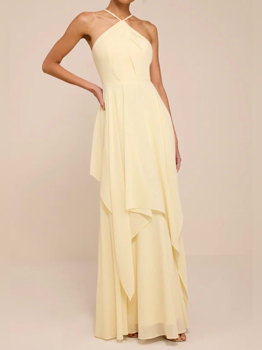 Lulus Aletta Pale Yellow Tiered Halter Maxi Dress - Size M